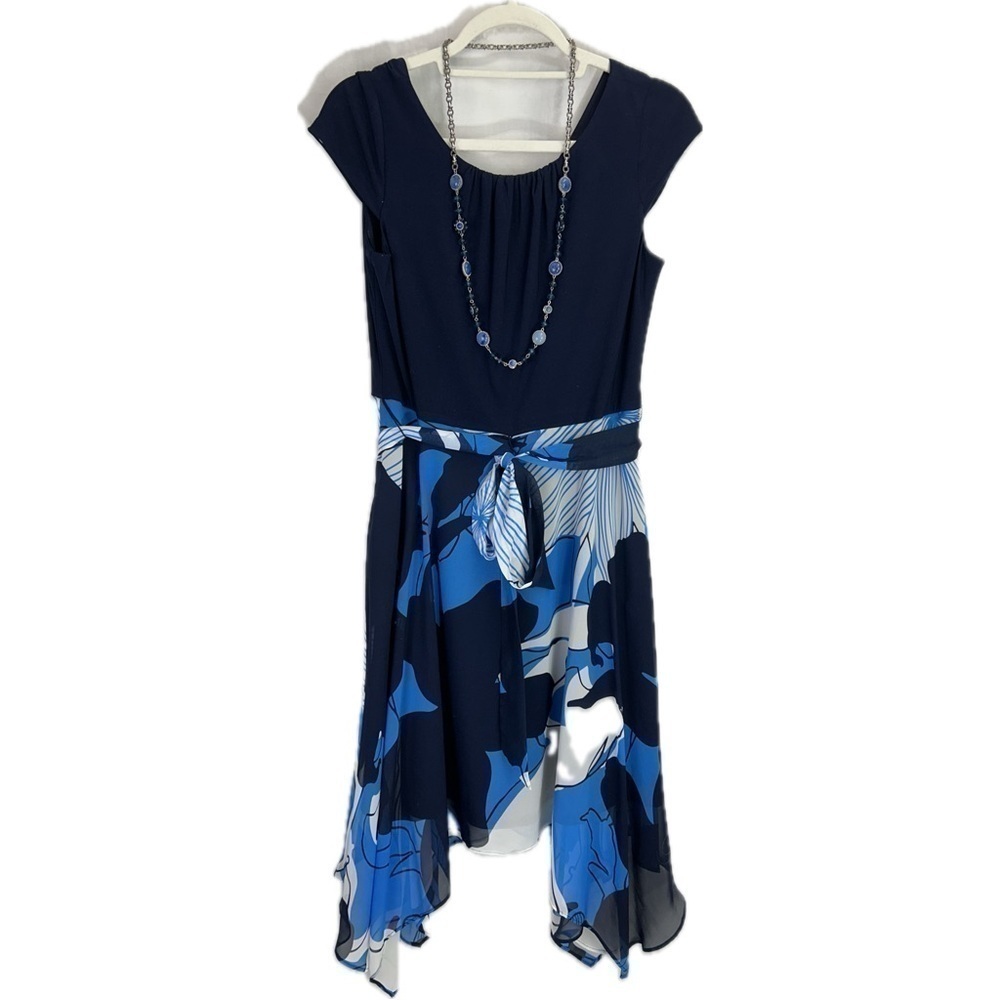 SLNY Asymmetrical Navy Midi Dress with Necklace